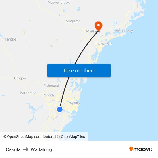 Casula to Wallalong map