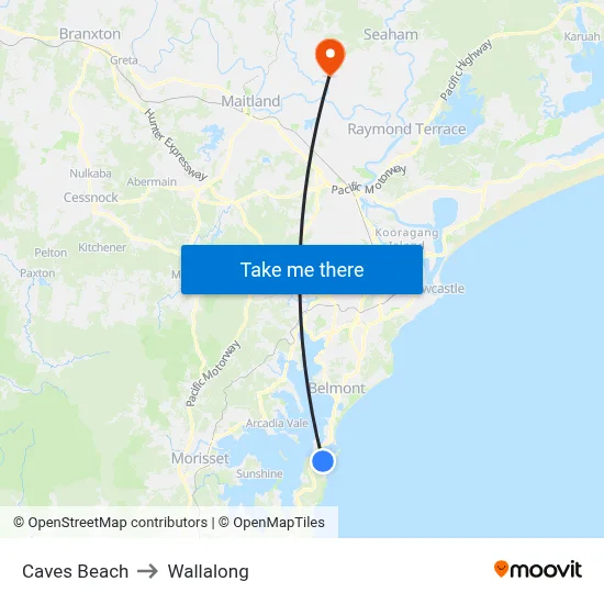Caves Beach to Wallalong map