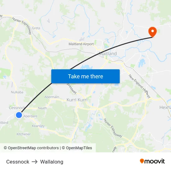 Cessnock to Wallalong map