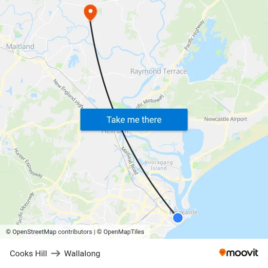 Cooks Hill to Wallalong map