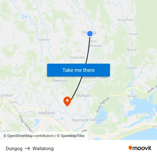Dungog to Wallalong map