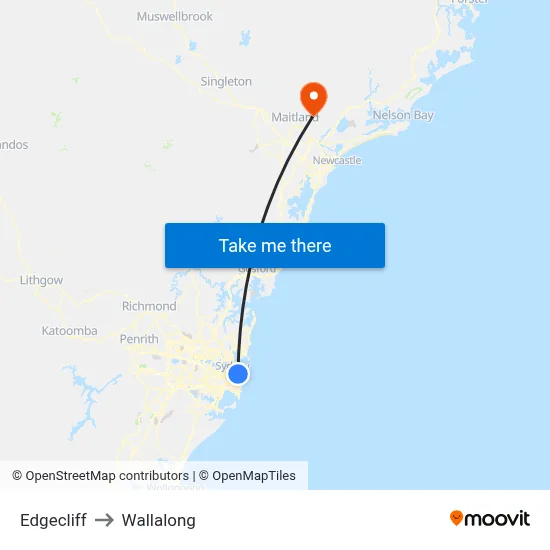 Edgecliff to Wallalong map