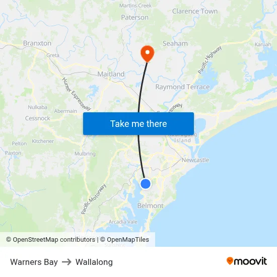 Warners Bay to Wallalong map