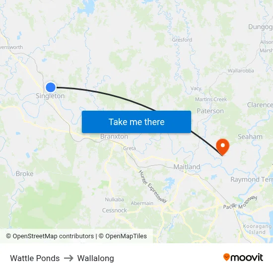 Wattle Ponds to Wallalong map