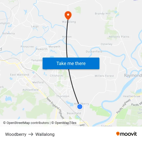 Woodberry to Wallalong map