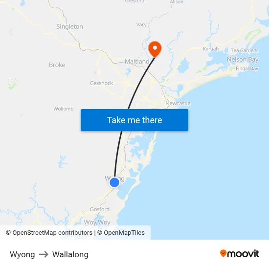 Wyong to Wallalong map