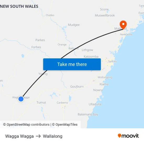 Wagga Wagga to Wallalong map