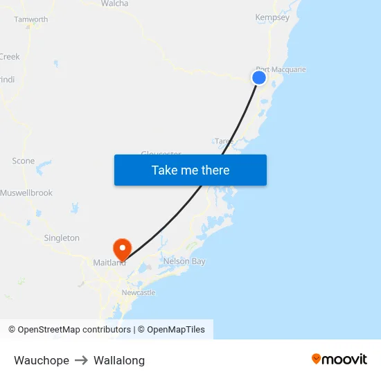 Wauchope to Wallalong map