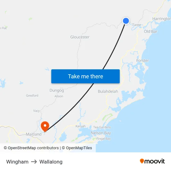 Wingham to Wallalong map