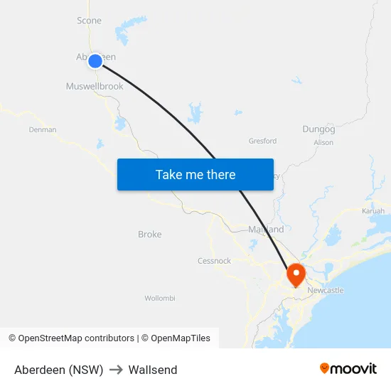 Aberdeen (NSW) to Wallsend map