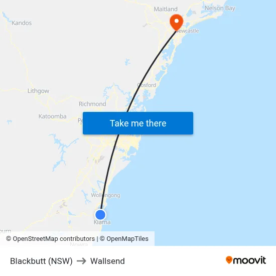 Blackbutt (NSW) to Wallsend map
