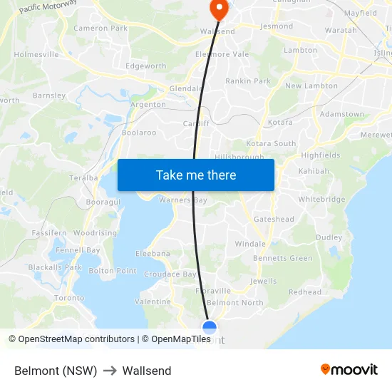 Belmont (NSW) to Wallsend map