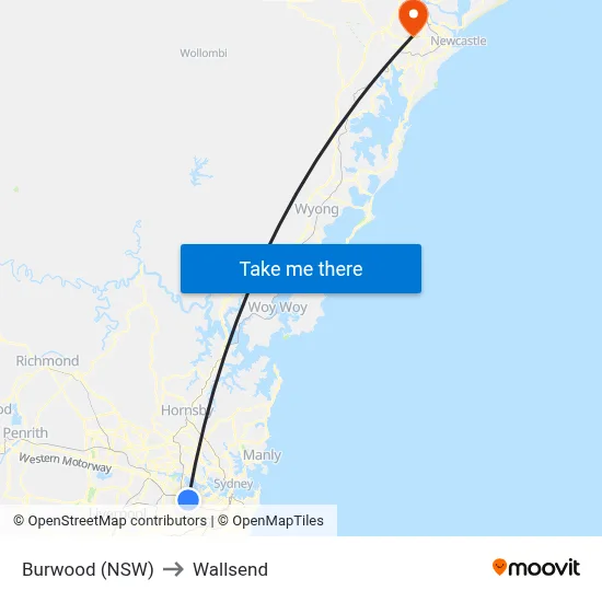 Burwood (NSW) to Wallsend map
