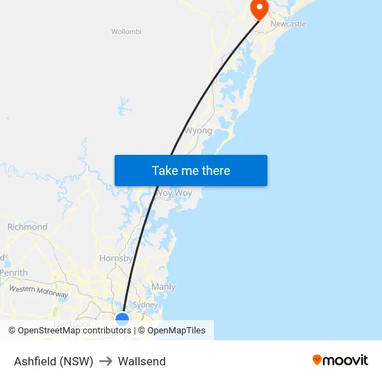 Ashfield (NSW) to Wallsend map