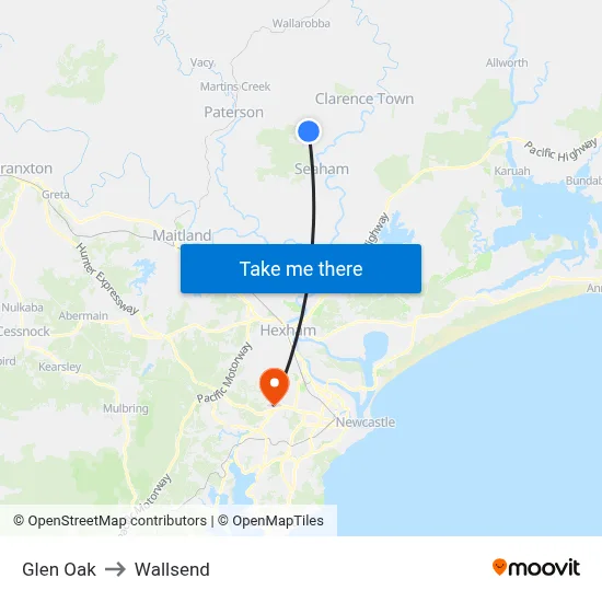 Glen Oak to Wallsend map