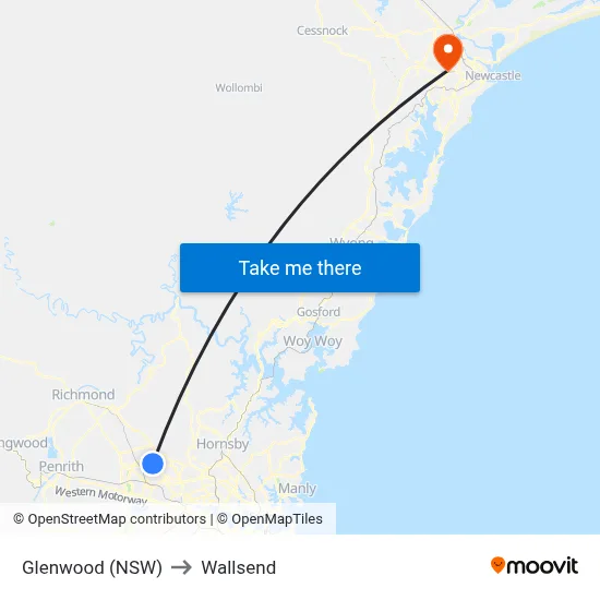 Glenwood (NSW) to Wallsend map