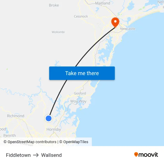 Fiddletown to Wallsend map