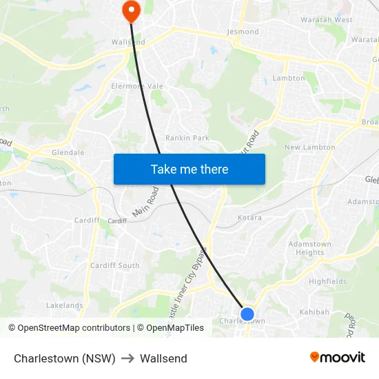 Charlestown (NSW) to Wallsend map