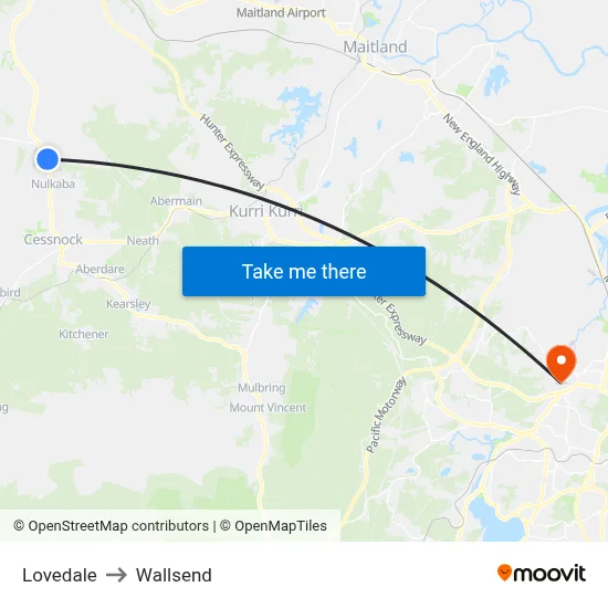 Lovedale to Wallsend map