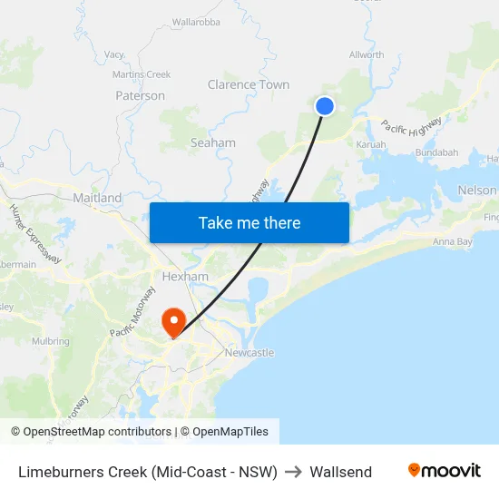 Limeburners Creek (Mid-Coast - NSW) to Wallsend map