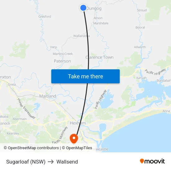 Sugarloaf (NSW) to Wallsend map