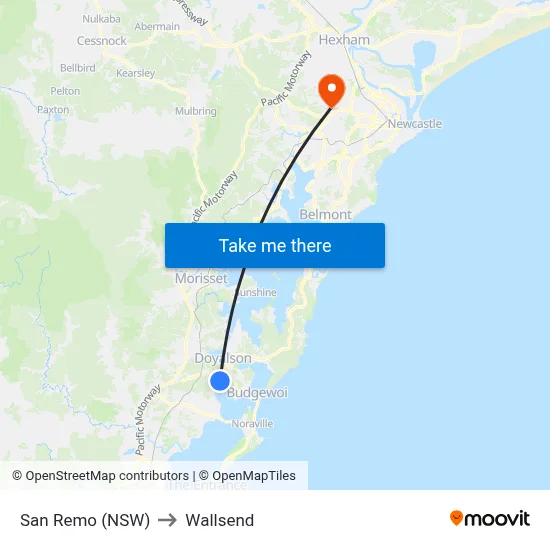 San Remo (NSW) to Wallsend map