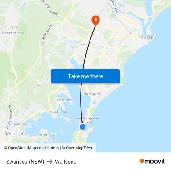 Swansea (NSW) to Wallsend map