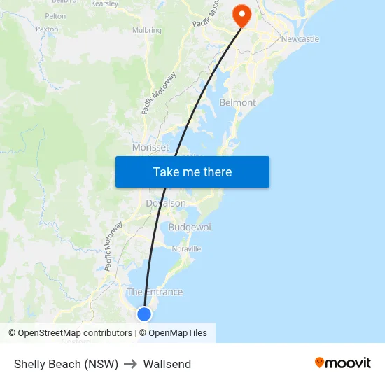 Shelly Beach (NSW) to Wallsend map
