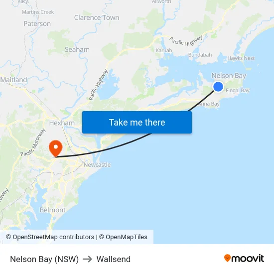Nelson Bay (NSW) to Wallsend map