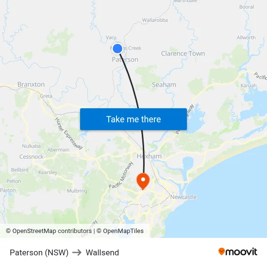Paterson (NSW) to Wallsend map