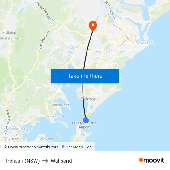 Pelican (NSW) to Wallsend map