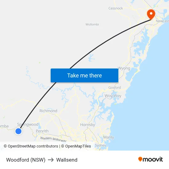 Woodford (NSW) to Wallsend map