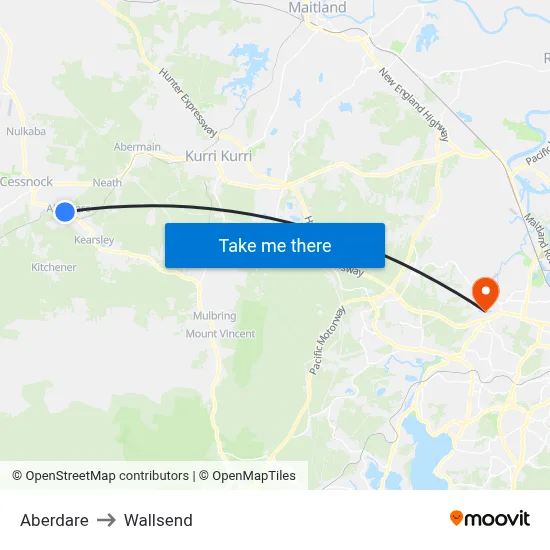 Aberdare to Wallsend map