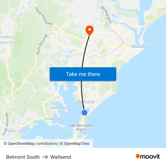 Belmont South to Wallsend map