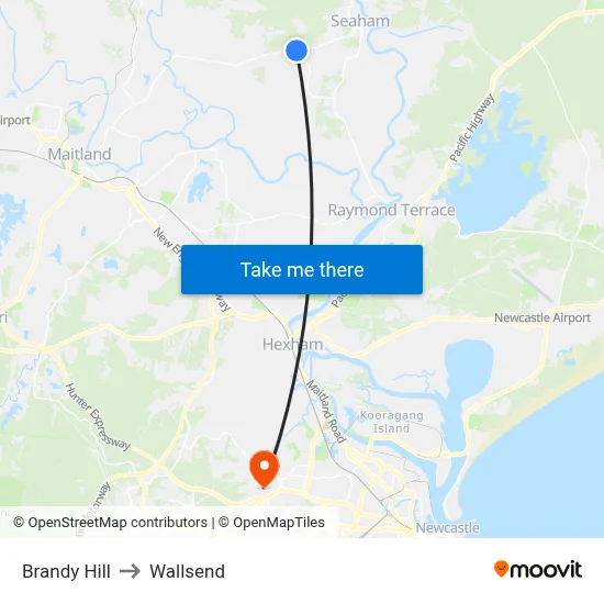 Brandy Hill to Wallsend map