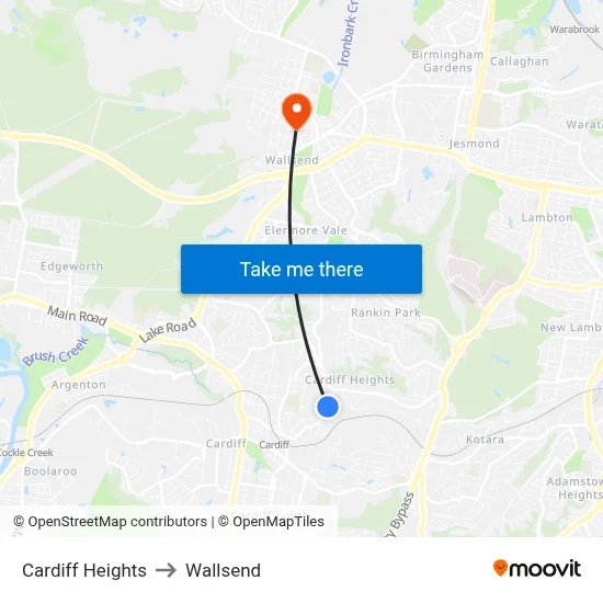 Cardiff Heights to Wallsend map
