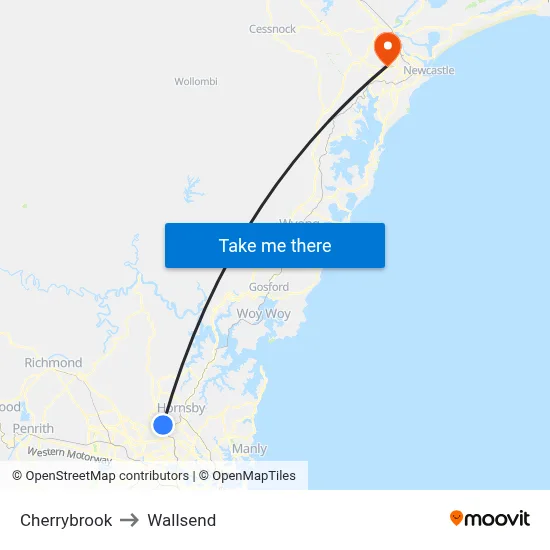 Cherrybrook to Wallsend map