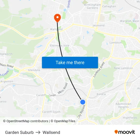 Garden Suburb to Wallsend map
