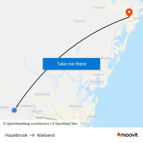 Hazelbrook to Wallsend map