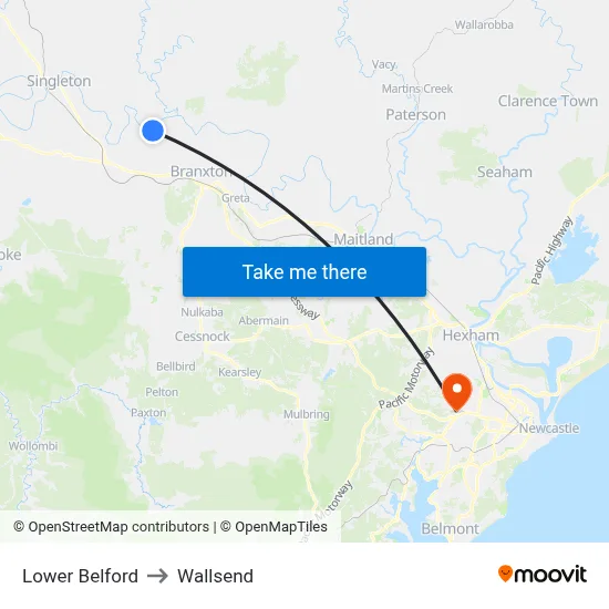 Lower Belford to Wallsend map