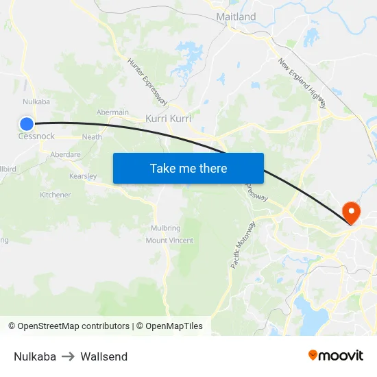 Nulkaba to Wallsend map