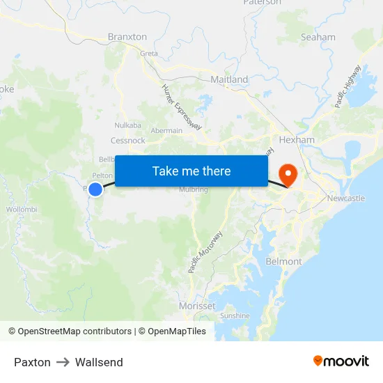Paxton to Wallsend map