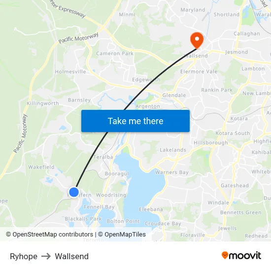 Ryhope to Wallsend map