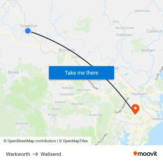 Warkworth to Wallsend map