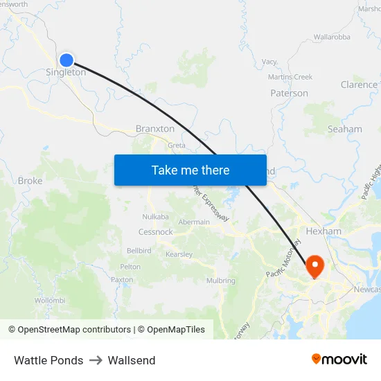 Wattle Ponds to Wallsend map