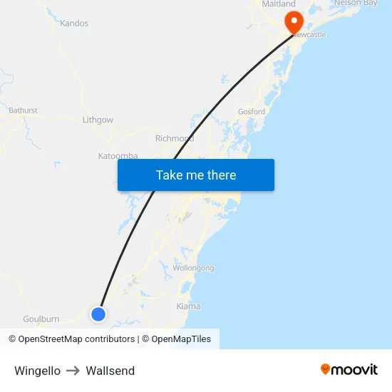 Wingello to Wallsend map