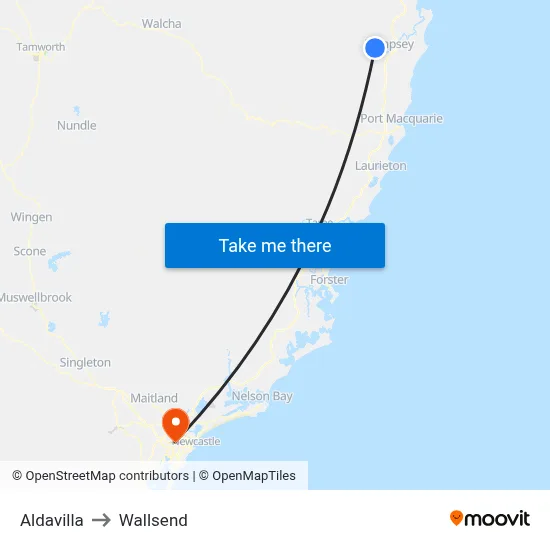 Aldavilla to Wallsend map