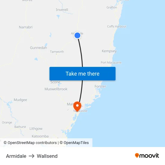 Armidale to Wallsend map