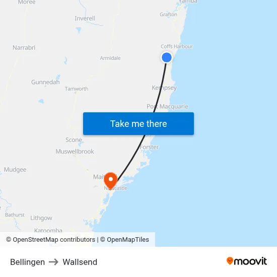 Bellingen to Wallsend map