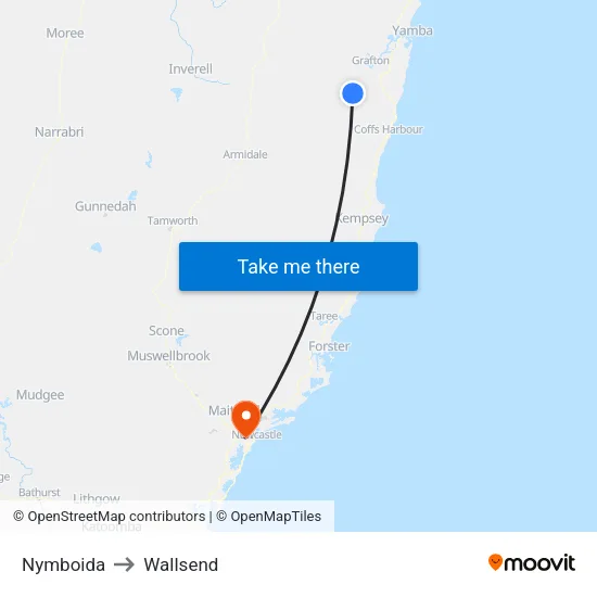 Nymboida to Wallsend map